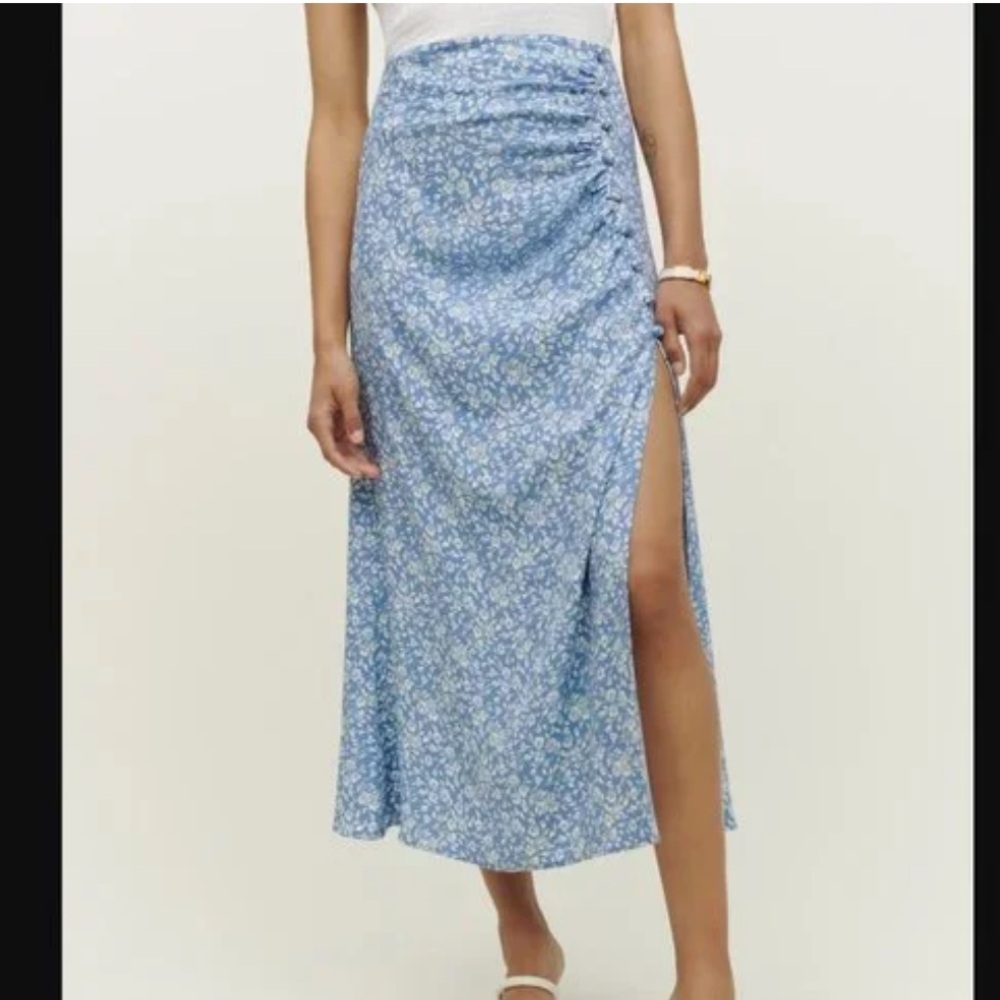 Reformation Sky Blue Floral Midi Skirt